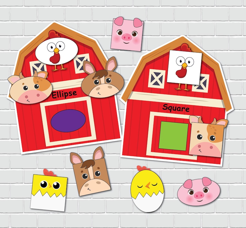 May include: A red barn with a white roof and a yellow chick, a brown horse, a cow, and a pig. The barn has two windows and a sign that says "Ellipse" and "Square".