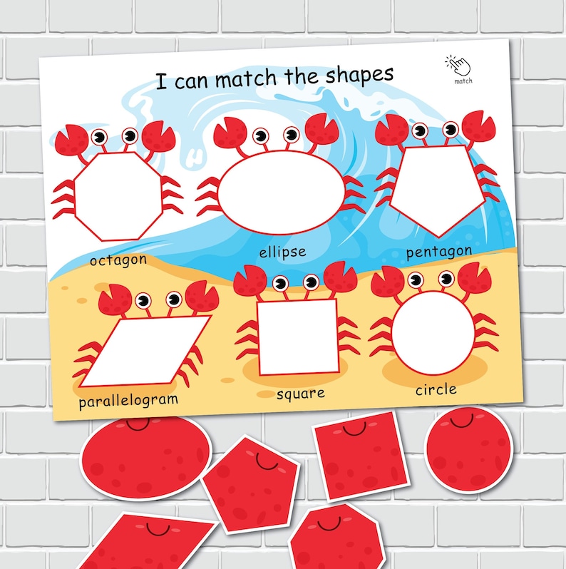 May include: A printable worksheet with red crabs holding different shapes. The shapes include an octagon, ellipse, pentagon, parallelogram, square, and circle. The worksheet is designed for children to match the shapes with the corresponding names.