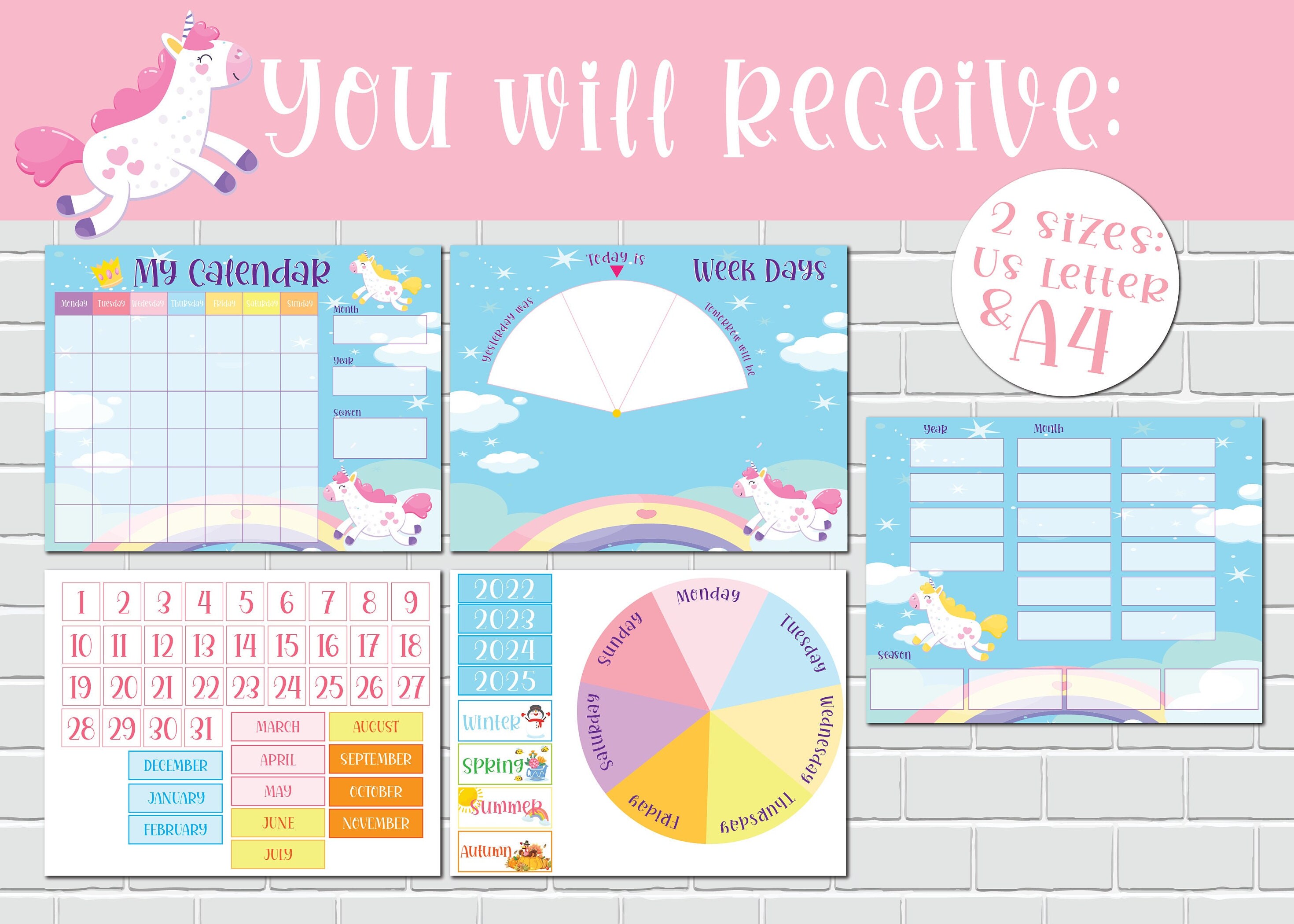 Kids Perpetual Calendar, Unicorn Theme Wall Calendar, Printable ...