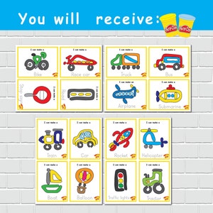 May include: A set of 12 printable cards featuring colorful illustrations of various vehicles and objects, such as a bike, race car, truck, bus, airplane, submarine, train, car, rocket, helicopter, boat, balloon, traffic lights, and tractor. Each card includes the phrase "I can make a" followed by the name of the object.