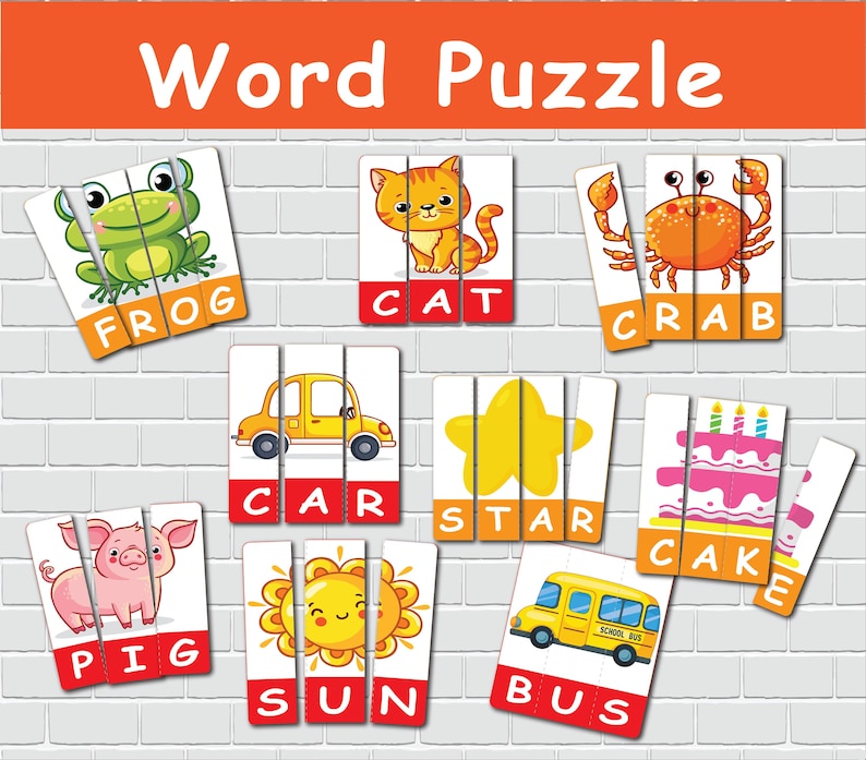 May include: A colorful word puzzle featuring illustrations of a frog, cat, crab, car, star, pig, sun, cake, and bus. Each image is split into three pieces with the corresponding word below. The words are in red.