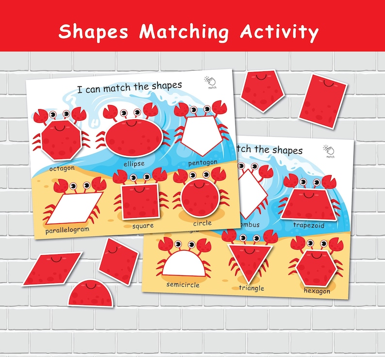 May include: A printable educational activity for kids to learn about shapes. The worksheet features red crabs with different shapes for the body and asks children to match the shapes. The text on the worksheet says "I can match the shapes" and "Match the shapes".