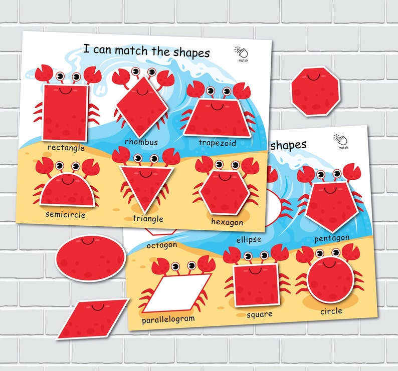 May include: A colorful educational worksheet with red crabs holding different shapes. The shapes include a rectangle, rhombus, trapezoid, semicircle, triangle, hexagon, octagon, parallelogram, square, circle, and pentagon. The worksheet is designed to help children learn about different shapes.