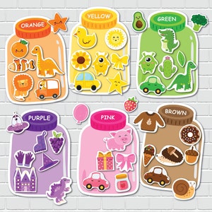 May include: Six colorful jars with lids, each containing various objects. The jars are labeled with the colors: orange, yellow, green, purple, pink, and brown. Each jar has a different set of objects inside, such as a dinosaur, a car, a sunflower, a star, a cactus, a hat, a pig, a snail, and more.