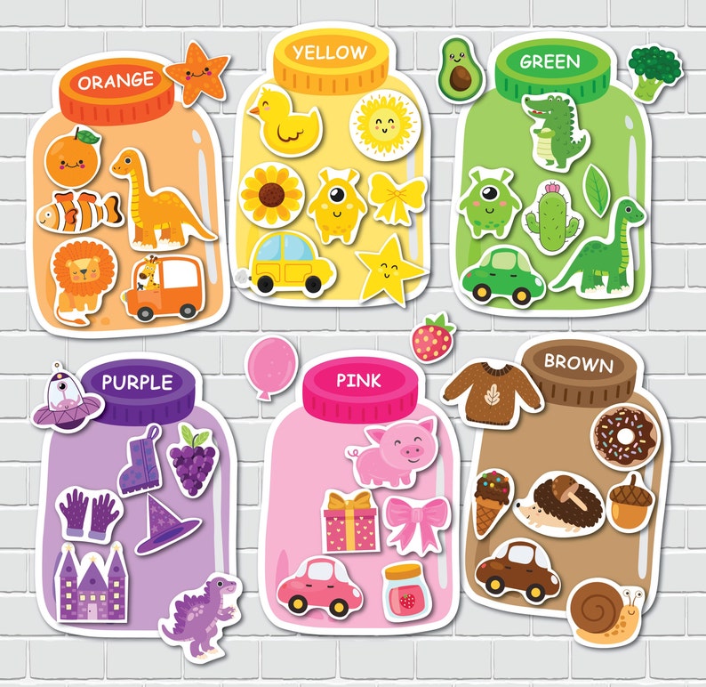 May include: Six colorful jars with lids, each containing various objects. The jars are labeled with the colors: orange, yellow, green, purple, pink, and brown. Each jar has a different set of objects inside, such as a dinosaur, a car, a sunflower, a star, a cactus, a hat, a pig, a snail, and more.