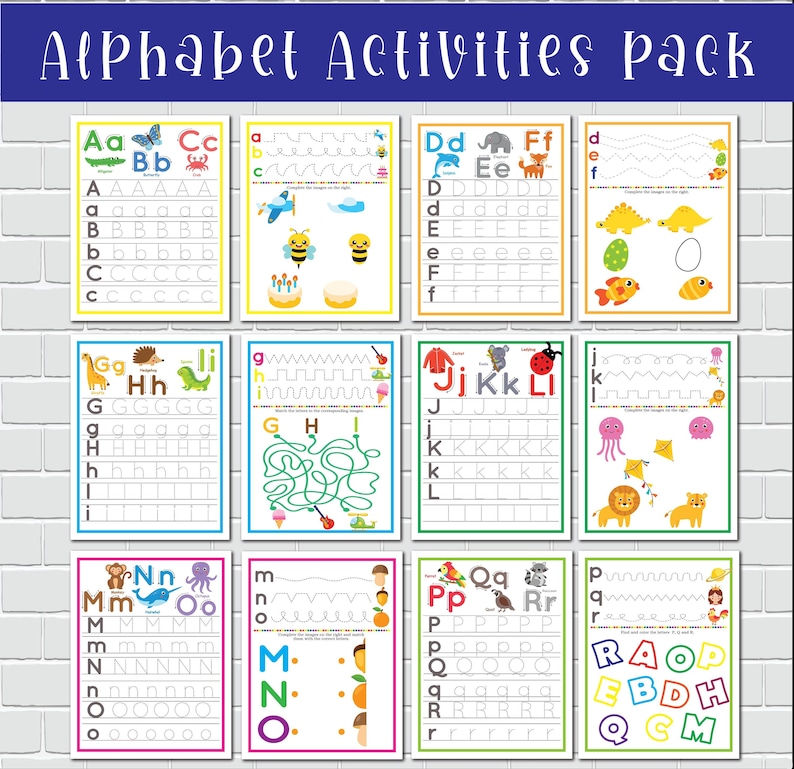 Puede incluir: Un conjunto de 10 hojas de actividades de alfabeto imprimibles para ni&ntilde;os. Cada hoja presenta una letra diferente del alfabeto con l&iacute;neas de trazado, letras may&uacute;sculas y min&uacute;sculas, y una ilustraci&oacute;n divertida. Las letras est&aacute;n en una fuente colorida con un borde de arco&iacute;ris.