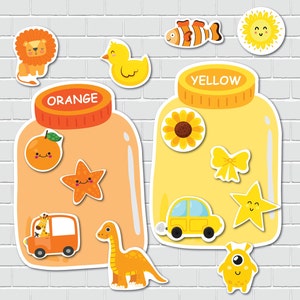 May include: Two jars, one labeled "ORANGE" and the other "YELLOW", are filled with various orange and yellow objects. The orange jar contains a smiling orange, a starfish, a dinosaur, and a car with a giraffe inside. The yellow jar contains a sunflower, a bow, a car, a star, and a monster.