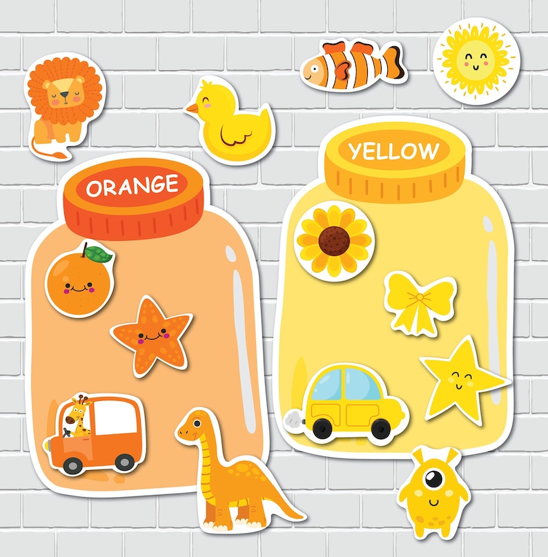 May include: Two jars, one labeled "ORANGE" and the other "YELLOW", are filled with various orange and yellow objects. The orange jar contains a smiling orange, a starfish, a dinosaur, and a car with a giraffe inside. The yellow jar contains a sunflower, a bow, a car, a star, and a monster.