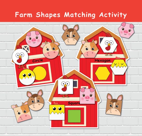Farm Shapes Matching Game, 2D Shapes Printable Preschool Activity