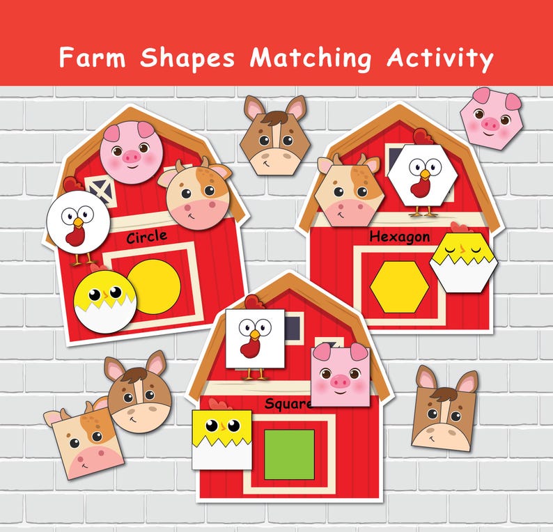 May include: A red barn with a white cross on the front. There are three different shapes: a circle, a hexagon, and a square. Each shape has a different farm animal inside. The shapes are labeled with their names.