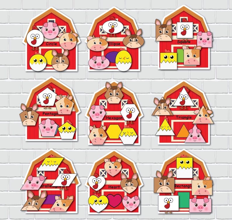 May include: A set of nine colorful barn-shaped cards with different geometric shapes and farm animal illustrations. Each card features a different shape, including a circle, ellipse, square, pentagon, hexagon, triangle, parallelogram, heart, and rectangle. The cards are designed for educational purposes, teaching children about shapes and colors.