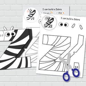 May include: A printable craft activity for kids to build a zebra shaped letter Z. The printable includes a black and white zebra pattern, cut-out lines, and instructions to cut out and glue the pieces together. The text "I can build a Zebra" is included on the printable.
