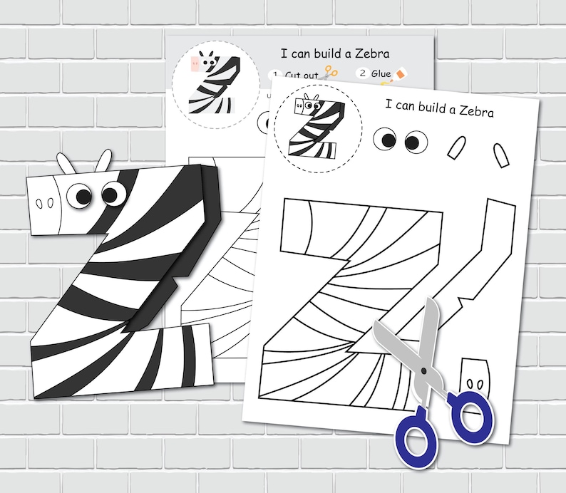 May include: A printable craft activity for kids to build a zebra shaped letter Z. The printable includes a black and white zebra pattern, cut-out lines, and instructions to cut out and glue the pieces together. The text "I can build a Zebra" is included on the printable.