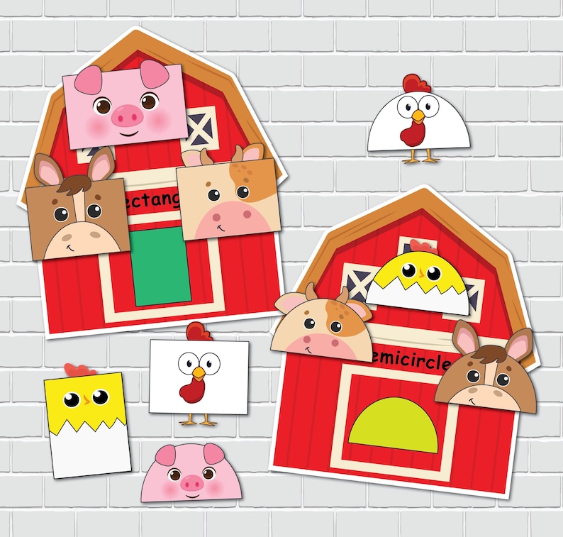 May include: A printable set of farm animal shapes for kids to learn about shapes. The shapes include a rectangle, a semicircle, and a circle. The animals include a pig, a cow, a horse, and a chicken.