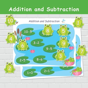 Exercices d'addition et de soustraction dans l'étang de la grenouille, Imprimables de printemps, Livre chargé de mathématiques pour la maternelle, Reliure d'apprentissage préscolaire, Ressource pour l'école à la maison