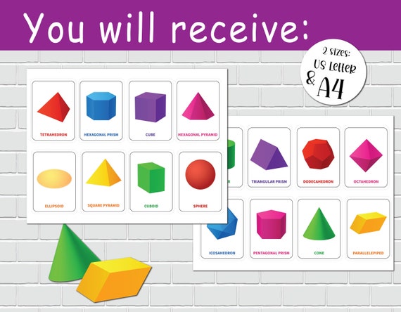 3D Shapes Flash Cards. Preschool Learning Activity. Kids Geometric