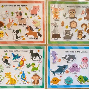 May include: A colorful educational chart with four sections, each depicting animals that live in different habitats. The sections are titled "Who lives on the Farm?", "Who lives in the Forest?", "Who lives in the Tropics?", and "Who lives in the Oceans?" Each section features a variety of animals, including a bull, a hen, a mouse, a cow, a turkey, a rabbit, a chick, a dog, a horse, a pig, a reindeer, an owl, a bear, a raccoon, a beaver, a fox, a tiger, a toucan, a parrot, a snake, a black panther, a seahorse, a dolphin, a jellyfish, an octopus, a starfish, and a sea turtle.