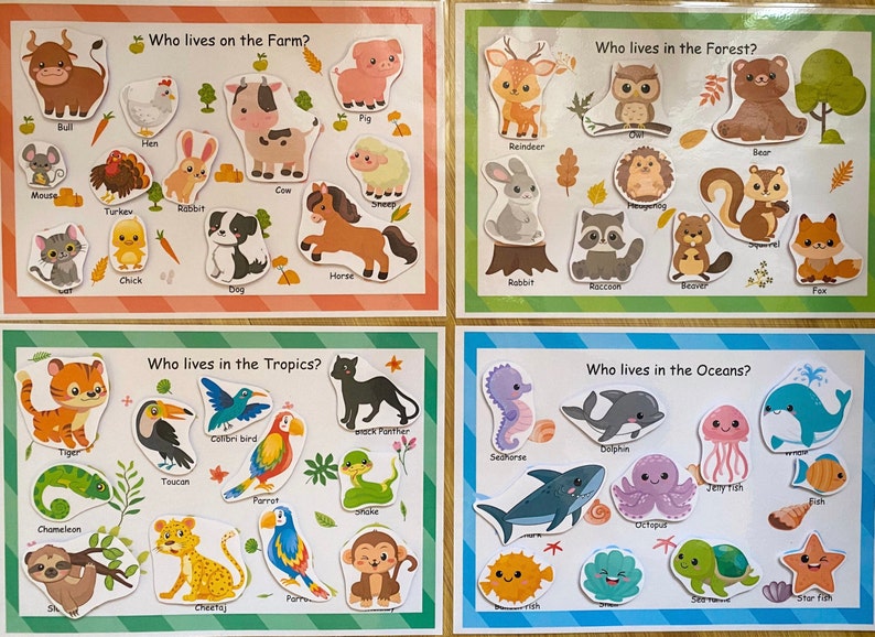 May include: A colorful educational chart with four sections, each depicting animals that live in different habitats. The sections are titled "Who lives on the Farm?", "Who lives in the Forest?", "Who lives in the Tropics?", and "Who lives in the Oceans?" Each section features a variety of animals, including a bull, a hen, a mouse, a cow, a turkey, a rabbit, a chick, a dog, a horse, a pig, a reindeer, an owl, a bear, a raccoon, a beaver, a fox, a tiger, a toucan, a parrot, a snake, a black panther, a seahorse, a dolphin, a jellyfish, an octopus, a starfish, and a sea turtle.
