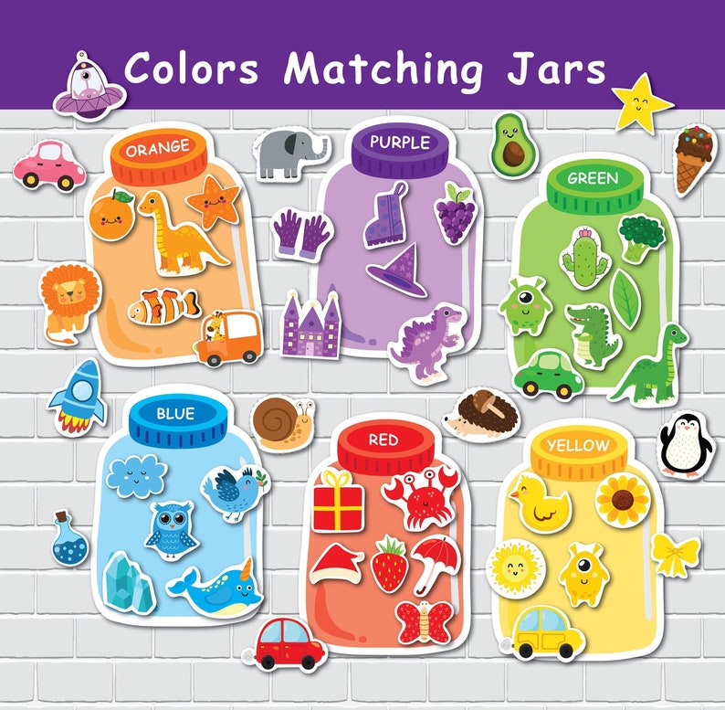 May include: A colorful educational game for kids featuring six jars with different colored lids and various objects inside. The jars are labeled with the colors: orange, purple, green, blue, red, and yellow. The objects inside the jars are: a dinosaur, a boot, a cactus, an owl, a crab, and a sunflower.