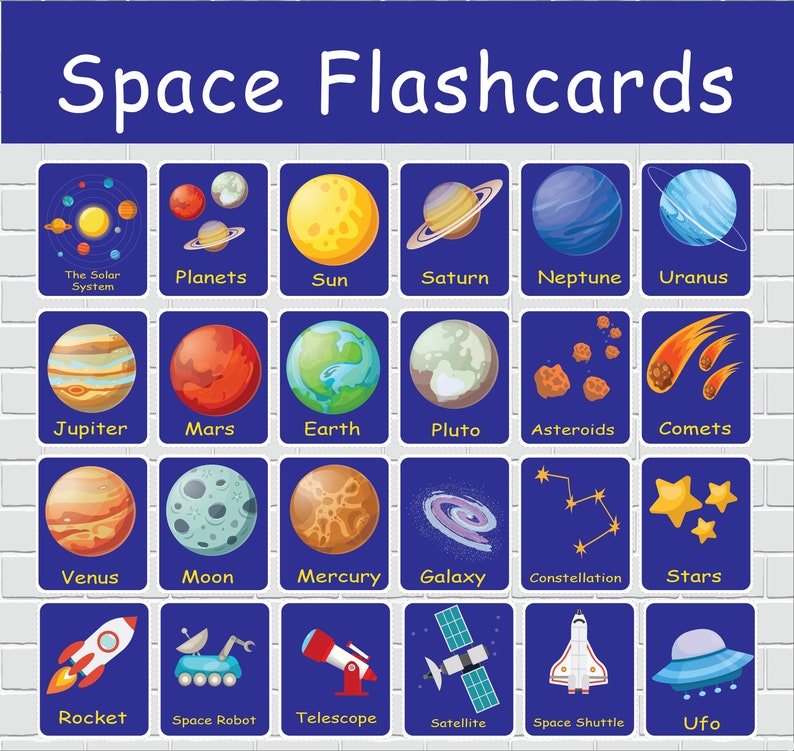 May include: A set of colorful flashcards featuring illustrations of space objects, including planets, stars, comets, and spacecraft. The flashcards are labeled with the names of each object, such as "The Solar System", "Planets", "Sun", "Saturn", "Neptune", "Uranus", "Jupiter", "Mars", "Earth", "Pluto", "Asteroids", "Comets", "Venus", "Moon", "Mercury", "Galaxy", "Constellation", "Stars", "Rocket", "Space Robot", "Telescope", "Satellite", "Space Shuttle", and "Ufo".