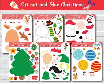 Recortes y pegamento navideños, manualidades navideñas con papel, práctica de tijeras para niños pequeños, actividades preescolares, imprimibles para educación en casa, Montessori