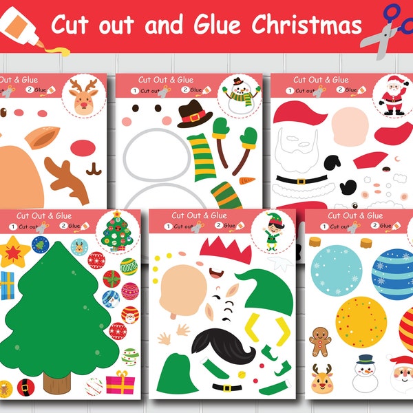 Christmas Cut out and Glue, Holiday Paper Craft, Scissors Practice for Toddlers, Preschool Activities, Printables for Homeschool, Montessori