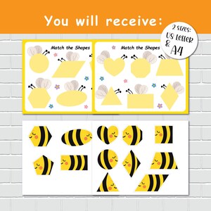 Bee Shape Matching Activity, 2D Shapes, Busy Book Page, File Folder Games, Special Education, Preschool Learning Binder. image 2