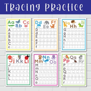Puede incluir: Hojas de trabajo de alfabeto para practicar el trazado para ni&ntilde;os. Cada p&aacute;gina presenta una letra del alfabeto con una ilustraci&oacute;n de animal correspondiente. Las letras est&aacute;n impresas en blanco y negro con l&iacute;neas punteadas para trazar.