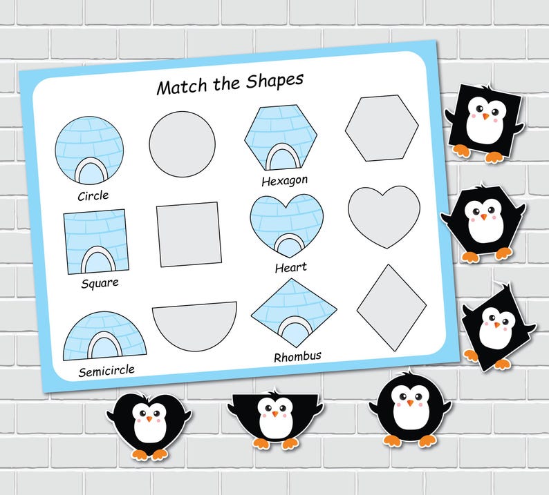 Penguin Shapes Activity, 2D Shapes, Winter Busy Book, File Folder Games