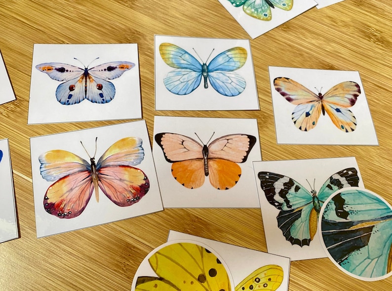 May include: A set of nine colorful butterfly stickers. The stickers feature butterflies in various colors, including blue, yellow, orange, and pink. The butterflies are all different sizes and shapes.