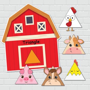May include: A red barn with a yellow triangle in the center. The word "Triangle" is written above the triangle. There are five other triangles in the image, each with a different animal face: a chicken, a cow, a pig, a horse, and a yellow chick.