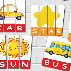 May include: Educational puzzle cards featuring colorful illustrations of a yellow car, star, sun, and school bus. Each image is divided into three pieces with the corresponding word printed below in capital letters. The background is a white brick wall.