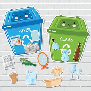 Puede incluir: Dos contenedores de reciclaje de dibujos animados, uno azul para papel y otro verde para vidrio, con caras sonrientes. El contenedor azul tiene la palabra "PAPEL" e im&aacute;genes de papel, un calendario y un s&iacute;mbolo de reciclaje. El contenedor verde tiene la palabra "VIDRIO".