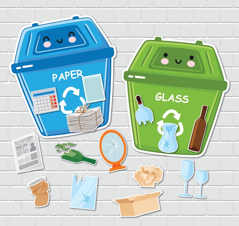 Puede incluir: Dos contenedores de reciclaje de dibujos animados, uno azul para papel y otro verde para vidrio, con caras sonrientes. El contenedor azul tiene la palabra "PAPEL" e im&aacute;genes de papel, un calendario y un s&iacute;mbolo de reciclaje. El contenedor verde tiene la palabra "VIDRIO".