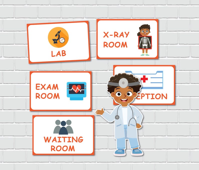May include: Orange and white signs with different rooms of a hospital, including the lab, exam room, waiting room, x-ray room, and reception. A cartoon doctor with a stethoscope is standing in front of the signs.