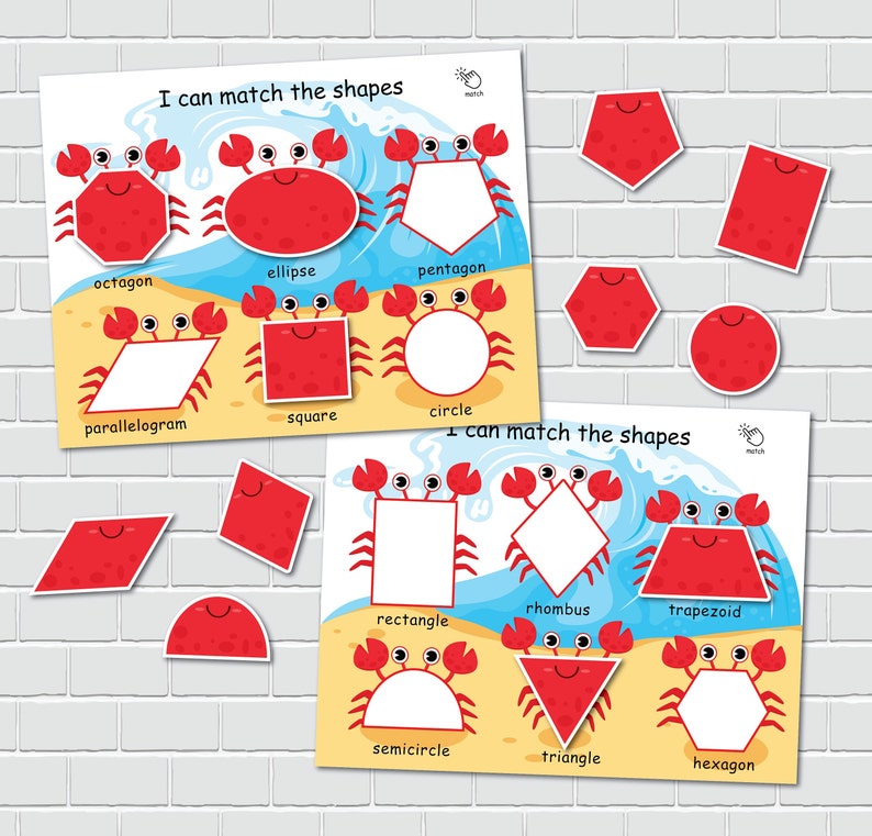 May include: A printable worksheet with colorful crabs and various shapes, including an octagon, ellipse, pentagon, parallelogram, square, circle, rhombus, trapezoid, rectangle, semicircle, triangle, and hexagon. The worksheet is titled "I can match the shapes".