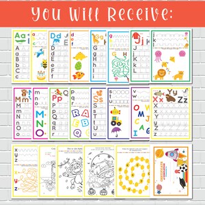 Puede incluir: Un conjunto de 26 hojas de trabajo de trazado del alfabeto para ni&ntilde;os, con ilustraciones coloridas de animales, veh&iacute;culos y otros objetos. Las hojas de trabajo incluyen letras may&uacute;sculas y min&uacute;sculas, as&iacute; como l&iacute;neas punteadas para trazar. Tambi&eacute;n hay varias hojas de trabajo adicionales, que incluyen una actividad de unir los puntos, una actividad de colorear por n&uacute;meros y un certificado de finalizaci&oacute;n.