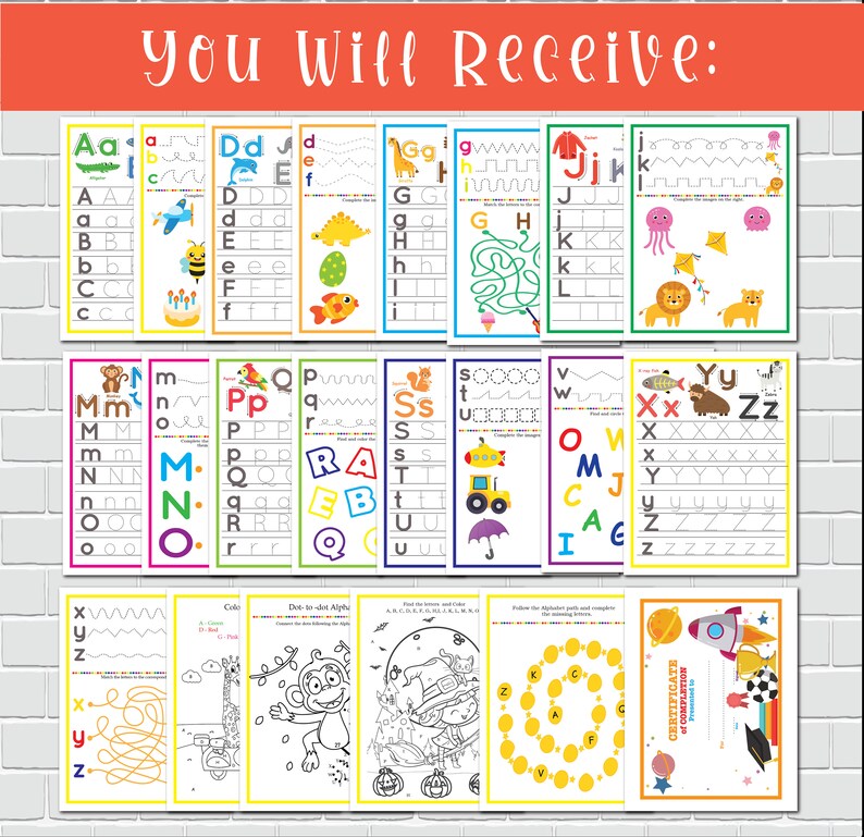 Puede incluir: Un conjunto de 26 hojas de trabajo de trazado del alfabeto para ni&ntilde;os, con ilustraciones coloridas de animales, veh&iacute;culos y otros objetos. Las hojas de trabajo incluyen letras may&uacute;sculas y min&uacute;sculas, as&iacute; como l&iacute;neas punteadas para trazar. Tambi&eacute;n hay varias hojas de trabajo adicionales, que incluyen una actividad de unir los puntos, una actividad de colorear por n&uacute;meros y un certificado de finalizaci&oacute;n.