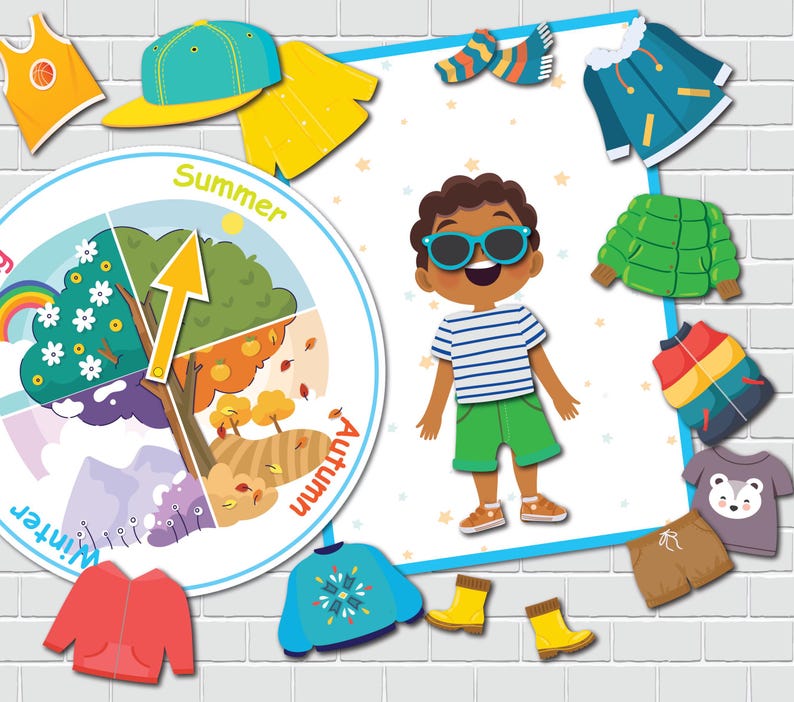 K&ouml;nnte beinhalten: Ein farbenfrohes Rad mit den Jahreszeiten: Fr&uuml;hling, Sommer, Herbst und Winter. Ein Junge mit Sonnenbrille und einem gestreiften Hemd steht neben dem Rad. Verschiedene Kleidungsst&uuml;cke sind um das Rad herum verstreut, darunter eine Jacke, ein Hut, ein Schal und Stiefel.