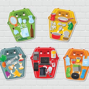Puede incluir: Conjunto de pegatinas de contenedores de reciclaje coloridos, cada uno con una cara sonriente y lleno de diferentes tipos de residuos. Los contenedores est&aacute;n etiquetados para vidrio, metal, residuos de alimentos, electr&oacute;nica y pl&aacute;stico.