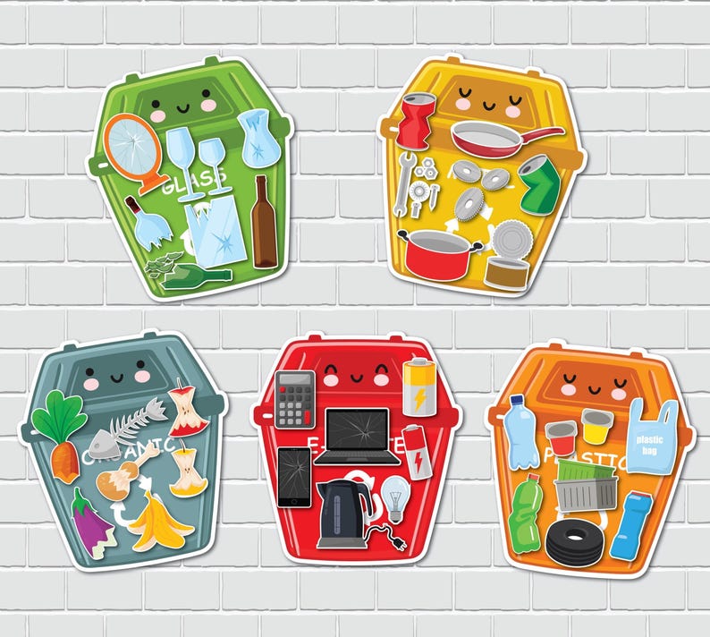 Puede incluir: Conjunto de pegatinas de contenedores de reciclaje coloridos, cada uno con una cara sonriente y lleno de diferentes tipos de residuos. Los contenedores est&aacute;n etiquetados para vidrio, metal, residuos de alimentos, electr&oacute;nica y pl&aacute;stico.