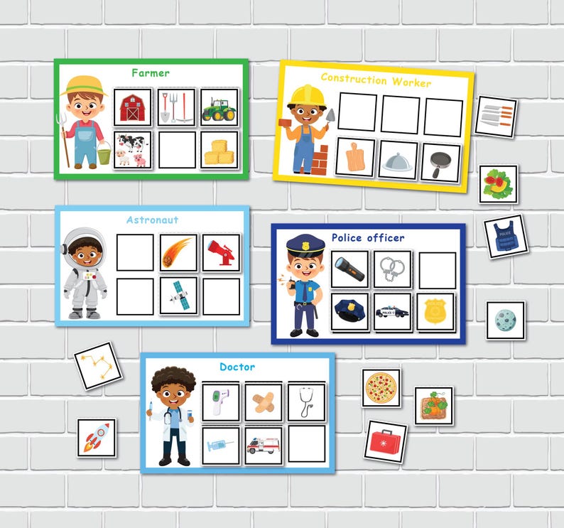 May include: A set of colorful cards with images of different professions, including a farmer, construction worker, astronaut, police officer, and doctor. Each card has a title and several blank squares for matching activities.