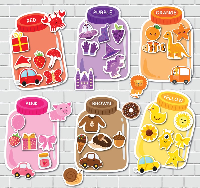 May include: Six colorful jars with lids, each containing different objects. The jars are labeled with the colors: red, purple, orange, pink, brown, and yellow. The objects inside the jars are: a present, a strawberry, a butterfly, a UFO, a witch's hat, a dinosaur, an orange, a fish, a dinosaur, a balloon, a present, a bow, a sweater, a hedgehog, an acorn, a sunflower, a duck, a star, and a sun.