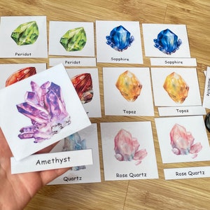 Tarjetas de tres partes de piedras preciosas, tarjetas didácticas Montessori de minerales y cristales, plan de estudios de educación en el hogar, aprendizaje preescolar, tarjetas visuales.