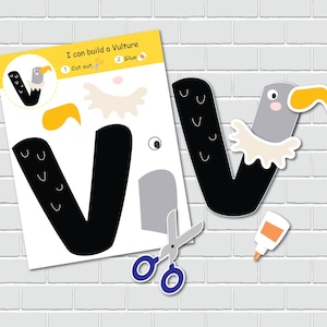 May include: A printable craft activity for kids to build a vulture. The printable features a black and white outline of a vulture with cut-out pieces to assemble. The instructions say "I can build a Vulture" and include steps to cut out and glue the pieces together.