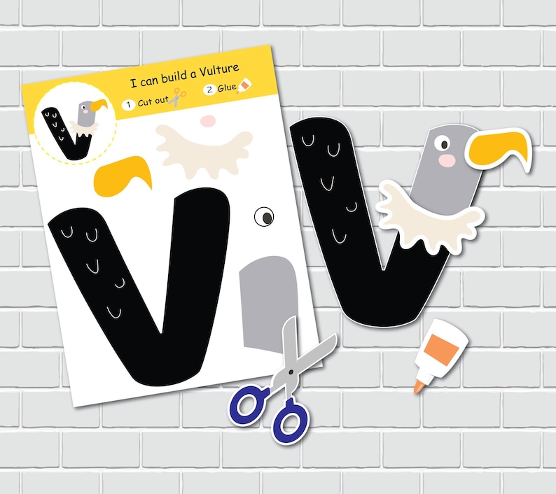 May include: A printable craft activity for kids to build a vulture. The printable features a black and white outline of a vulture with cut-out pieces to assemble. The instructions say "I can build a Vulture" and include steps to cut out and glue the pieces together.