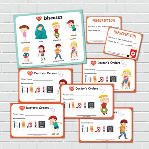 May include: A set of printable doctor's order forms and prescription forms. The forms are designed for children and feature cartoon illustrations of children with different ailments. The forms include fields for the patient's name, recommendations, and the doctor's signature.
