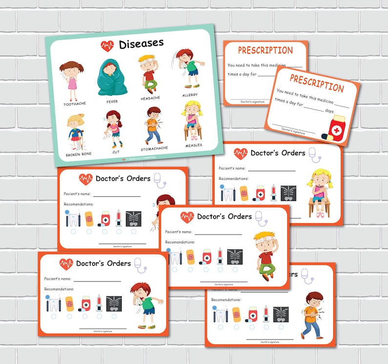 May include: A set of printable doctor's order forms and prescription forms. The forms are designed for children and feature cartoon illustrations of children with different ailments. The forms include fields for the patient's name, recommendations, and the doctor's signature.