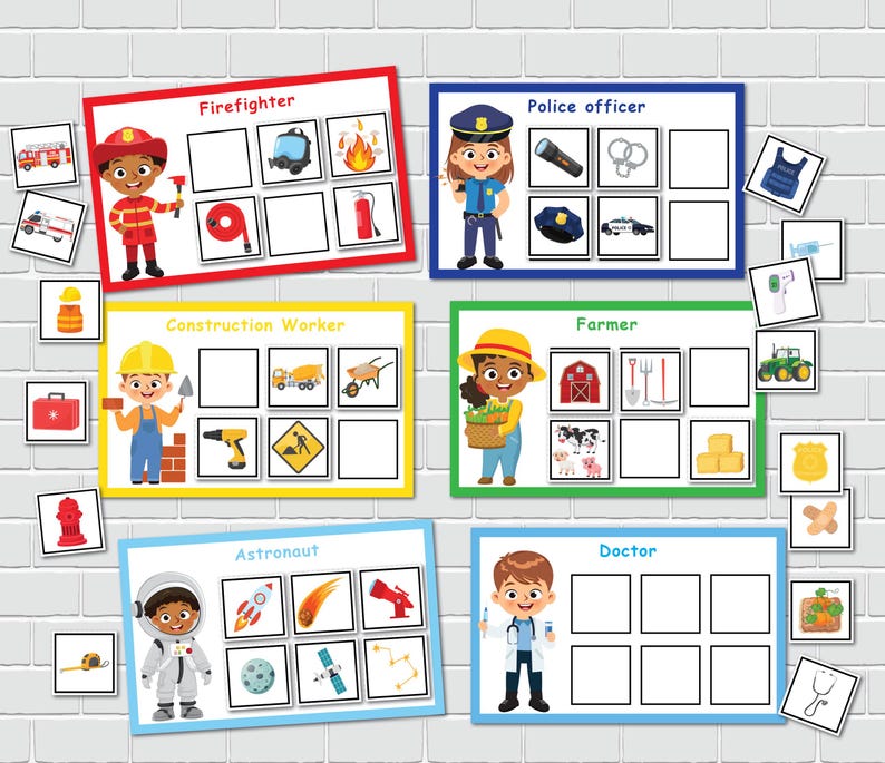 May include: A printable set of 10 matching cards featuring different professions. Each card has a picture of a person in a profession, such as a firefighter, police officer, construction worker, farmer, astronaut, and doctor. The cards also include pictures of objects related to each profession.