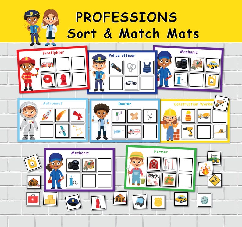 May include: A set of colorful printable mats for kids to learn about different professions. Each mat features a cartoon character representing a profession, such as firefighter, police officer, mechanic, astronaut, doctor, construction worker, and farmer. The mats include blank squares for matching corresponding images.